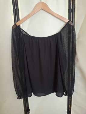Banana Republic Black Off-Shoulder Blouse with Dotted Sheer Sleeves